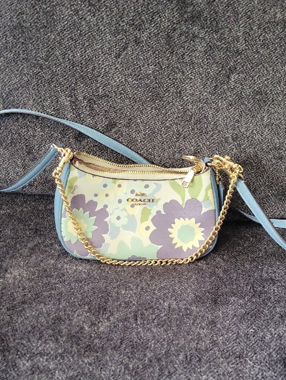 Coach Floral Mini Crossbody Bag in Lavender, Mint & Sky Blue with Gold Chain - Picture 5 of 5
